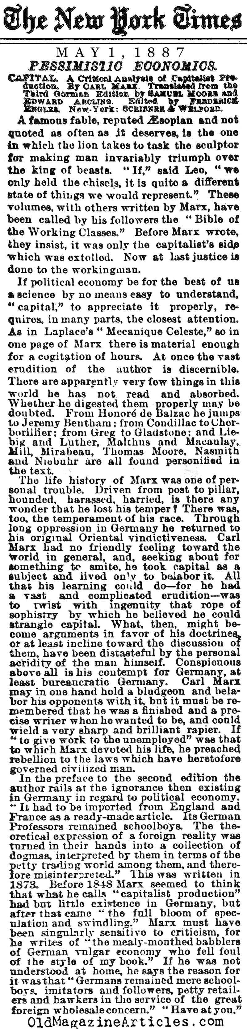 Karl Marx Reviewed (NY Times, 1887)