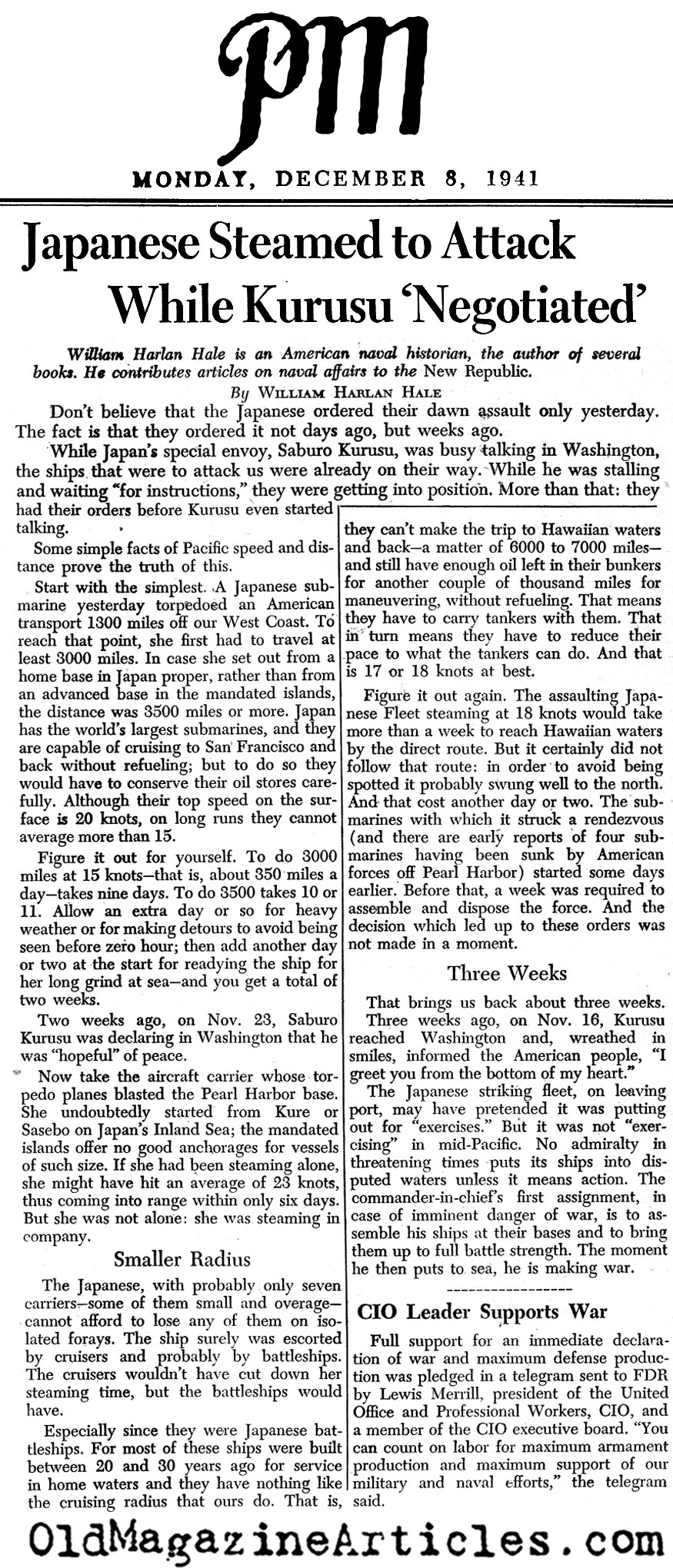 Japanese Fleet Crossed the Sea<BR> While Kurusu Talked (PM Tabloid, 1941)