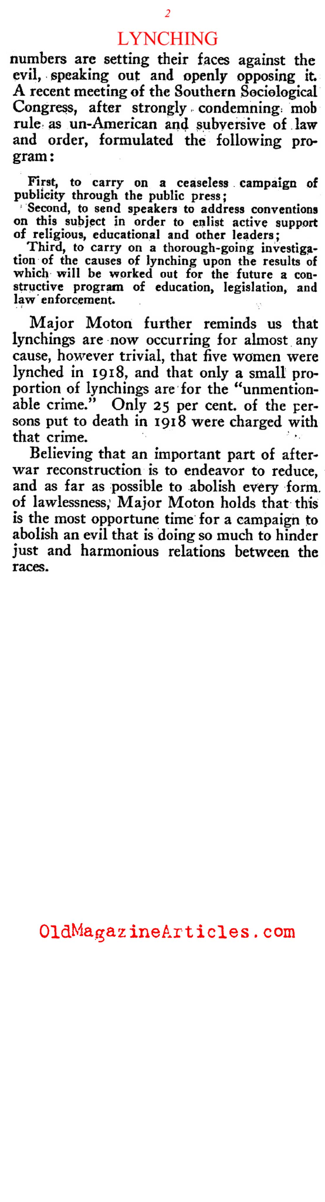 The Lynching Evil as Understood by Robert Moton (Review of Reviews, 1919)