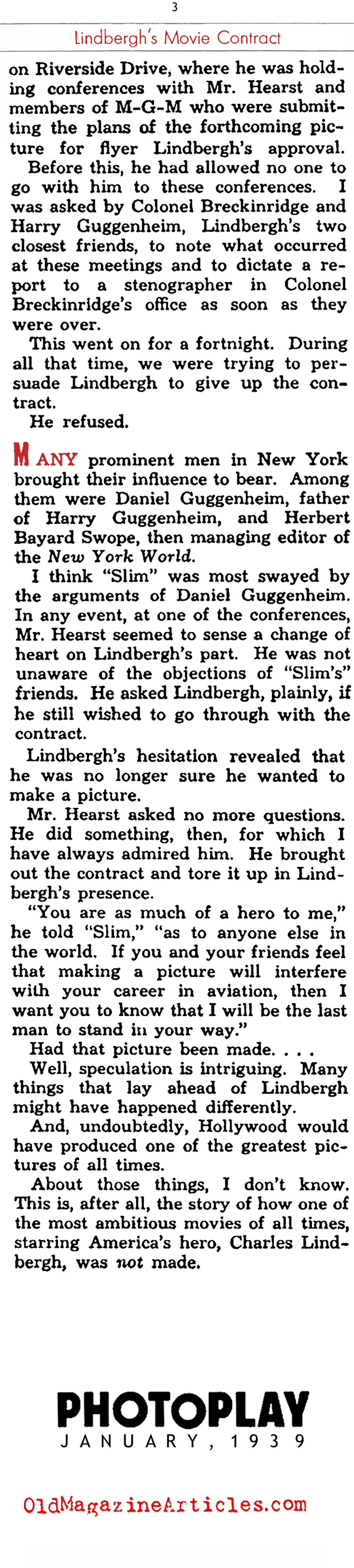 Lindbergh's Movie Contract (Photoplay Magazine, 1939)