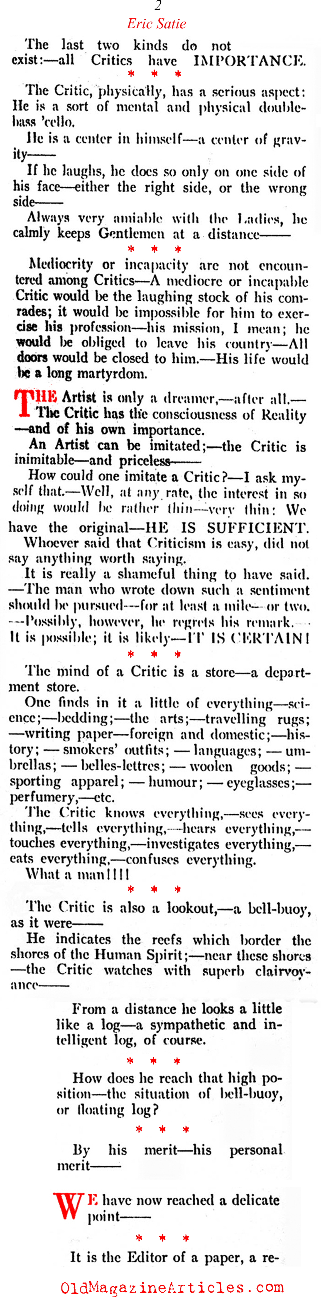 Eric Satie Goes After the Critics (Vanity Fair, 1921)