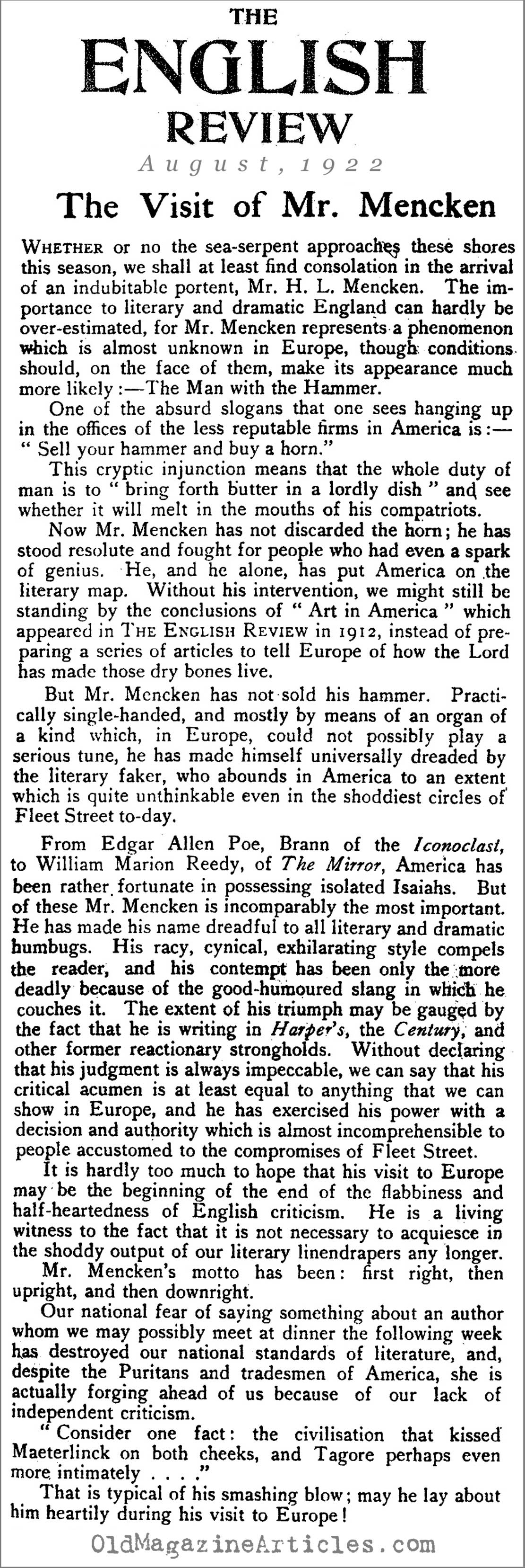 A Profile of H.L. Mencken  (The English Review, 1922)