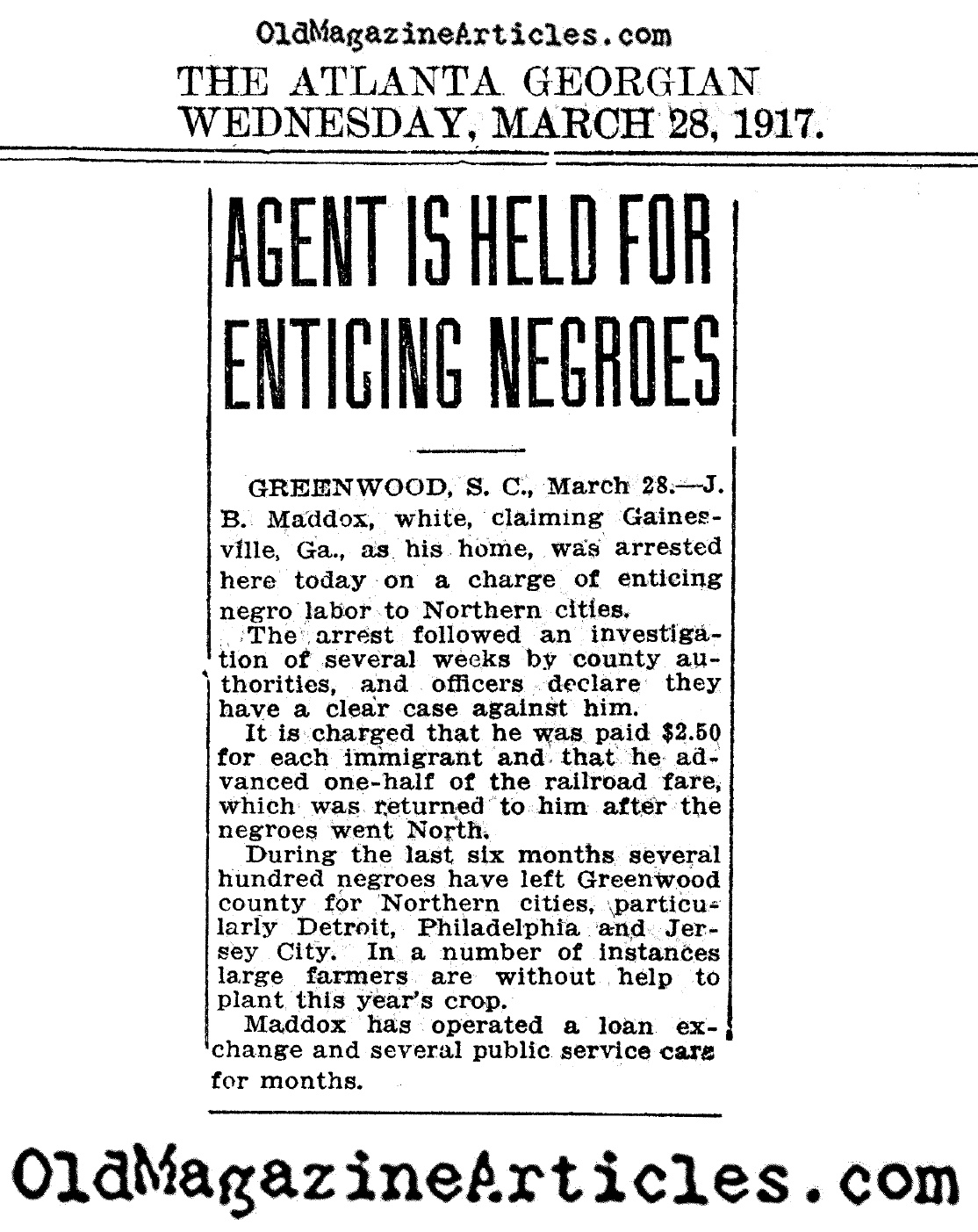 Agent is Held for Enticing Negroes  (The Atlanta Georgian, 1917)