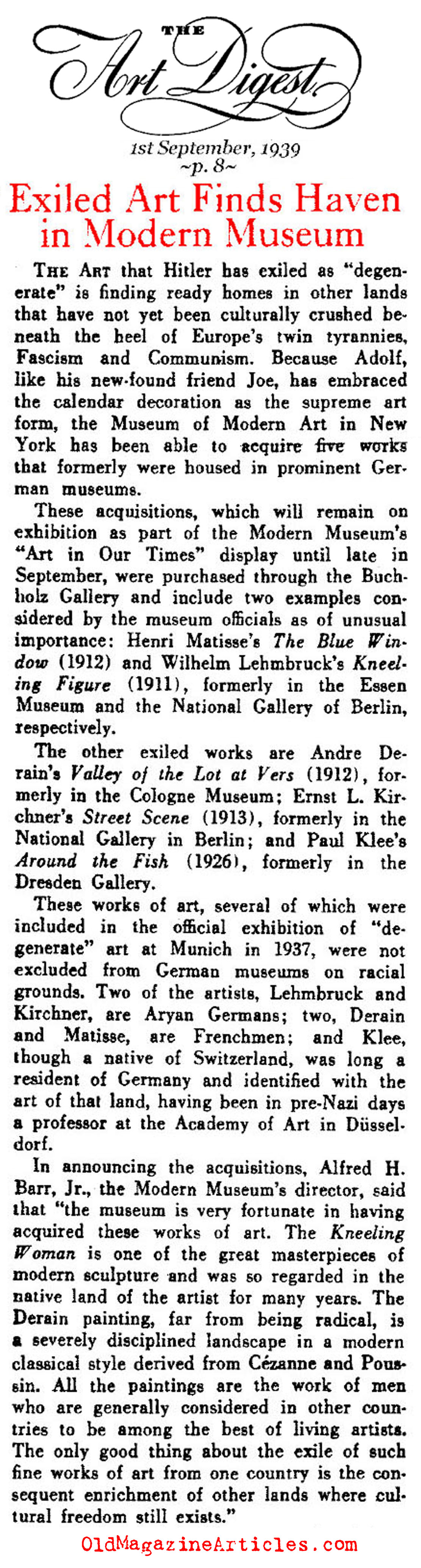 MoMA Purchased Paintings from the Degenerate Art Exhibit (Art Digest Magazine, 1939)