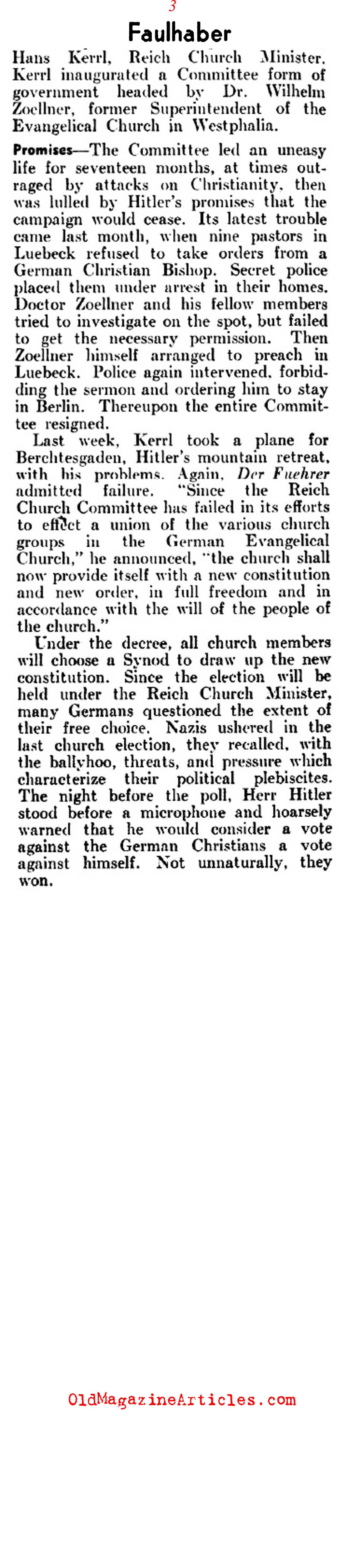 Catholic Hierarchy Pressured in 1930s Germany  (Literary Digest, 1937)