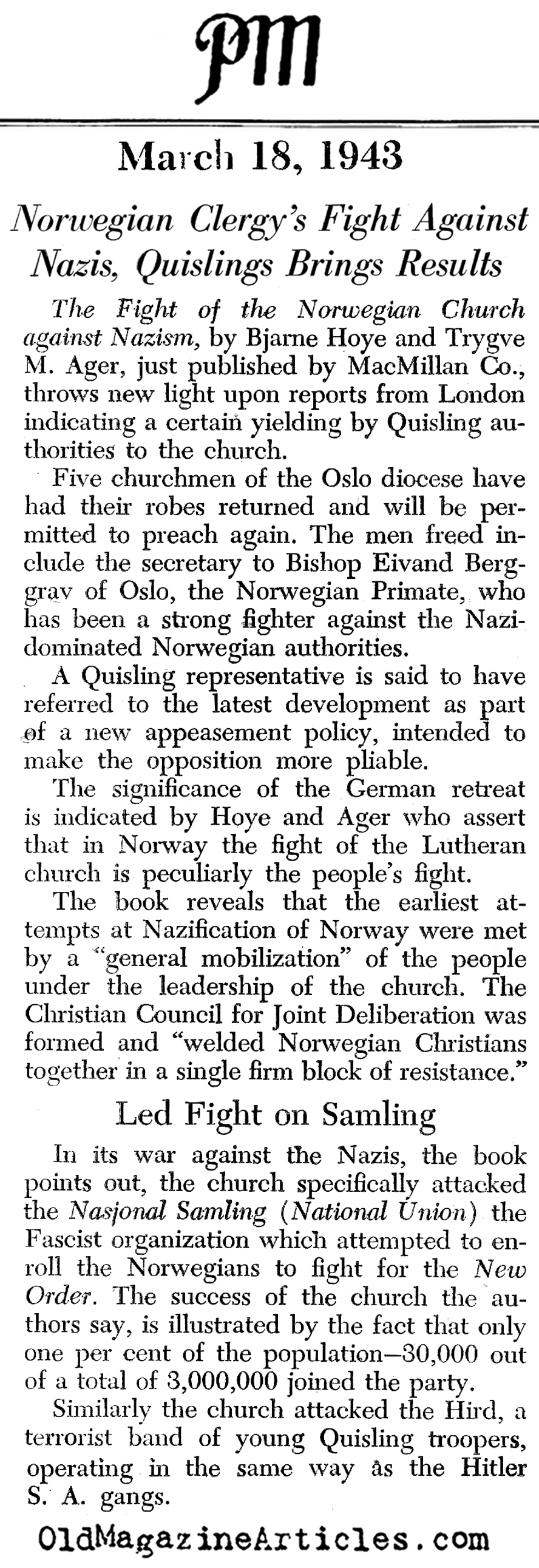 The Resistance of the Norwegian Church (PM Tabloid, 1943)