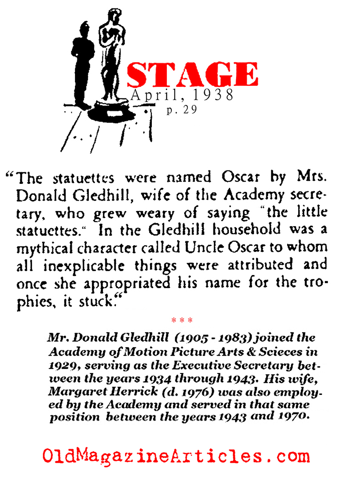 How the Academy Award Got Nicknamed 'Oscar' (Stage Magazine, 1938)