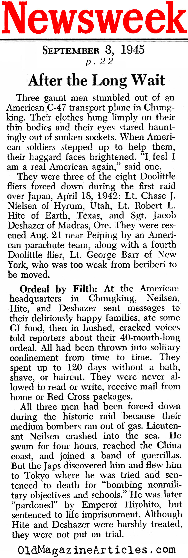 Three Doolittle Raiders Released from Captivity (Newsweek Magazine, 1945)