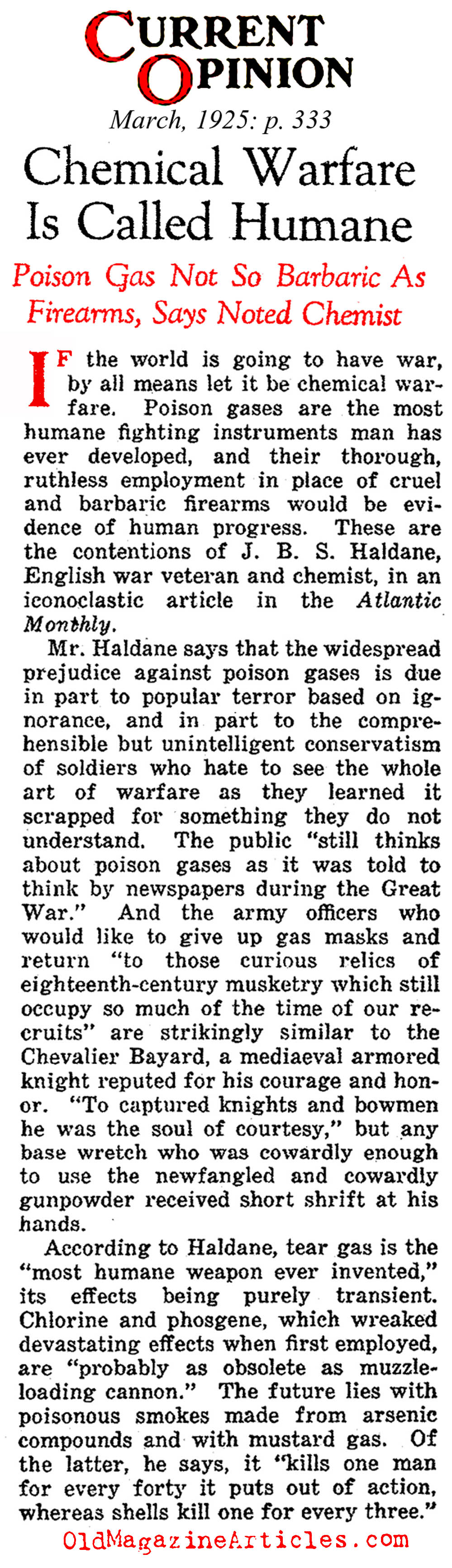 Reconsidering Poison Gas as a Weapon (Current Opinion, 1925)