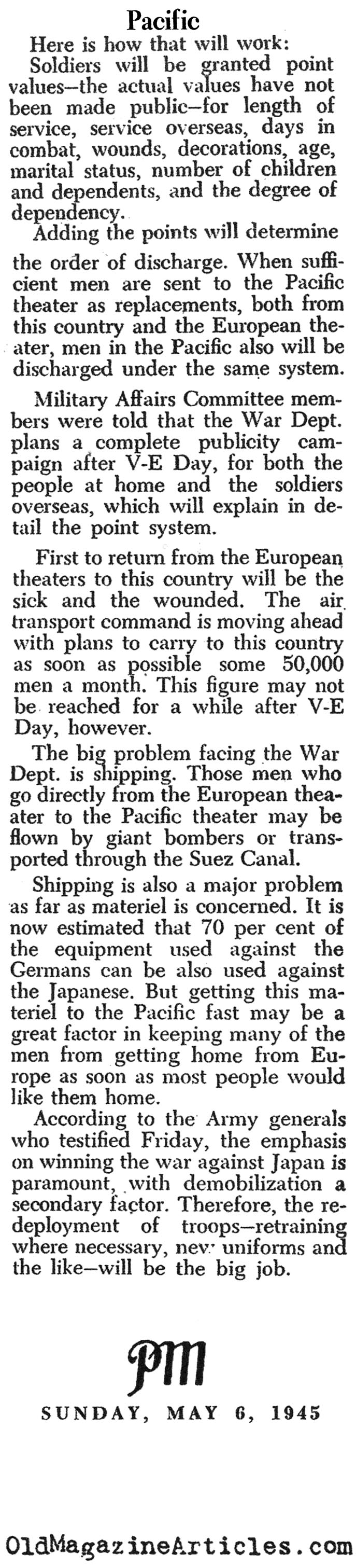 Shifting Men from the ETO to the Pacific (PM Tabloid, 1945)