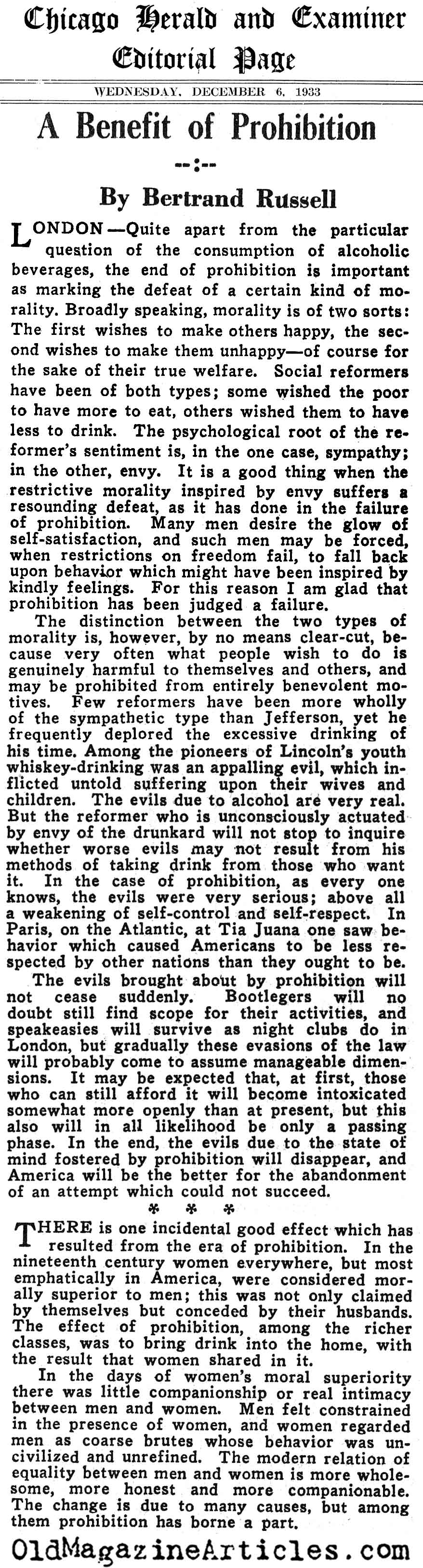 The Good and Bad in Prohibition (Chicago Herald & Examiner, 1933)
