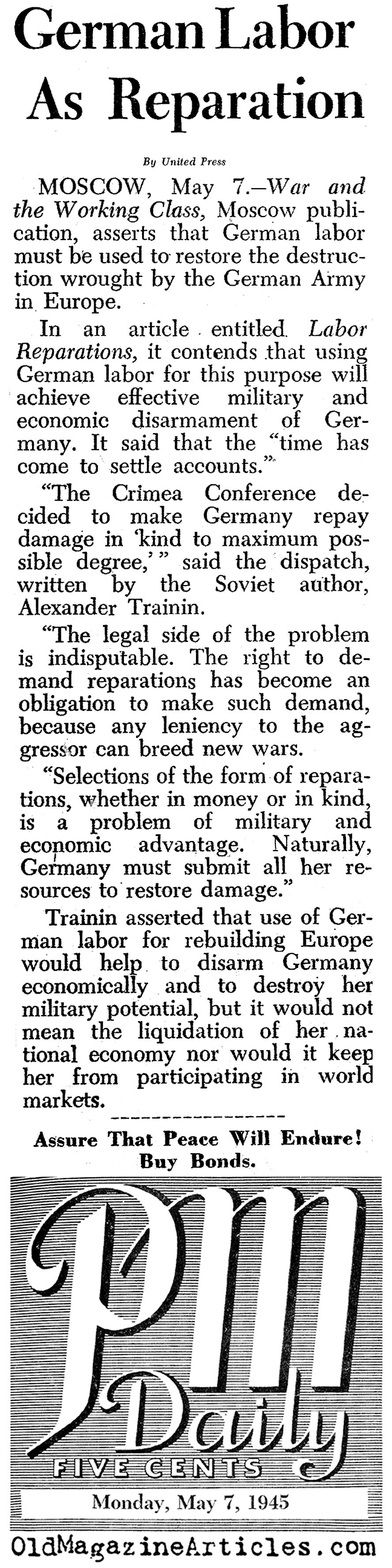 ''German Labor as Reparation'' (PM Tabloid, 1945)