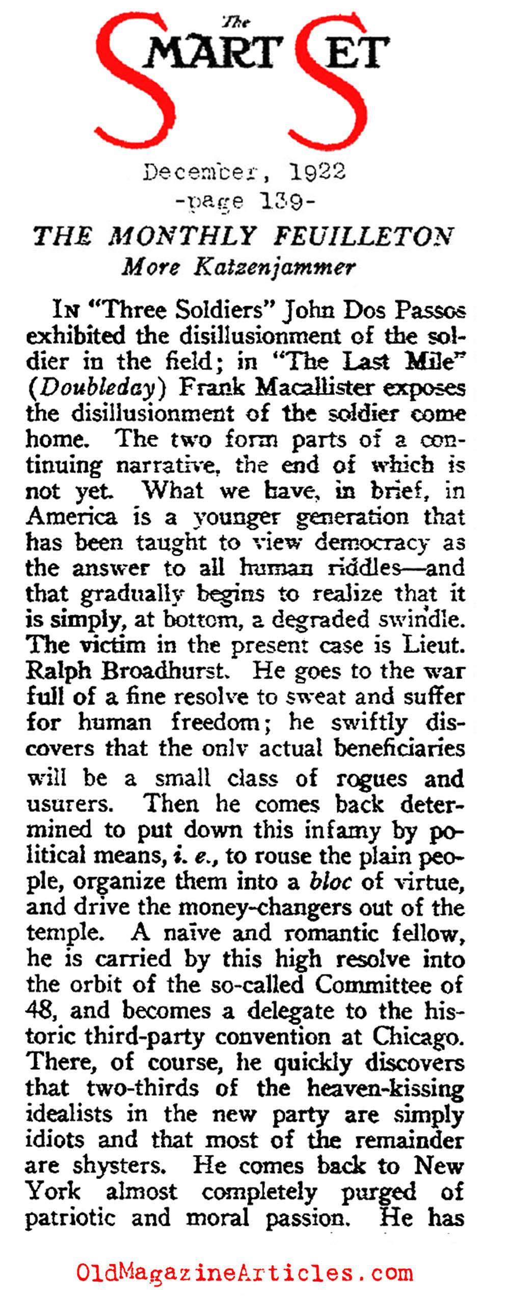 H.L. Mencken  Reviewed Two Novels Dealing the War and Disillusionment  (The Smart Set, 1922)