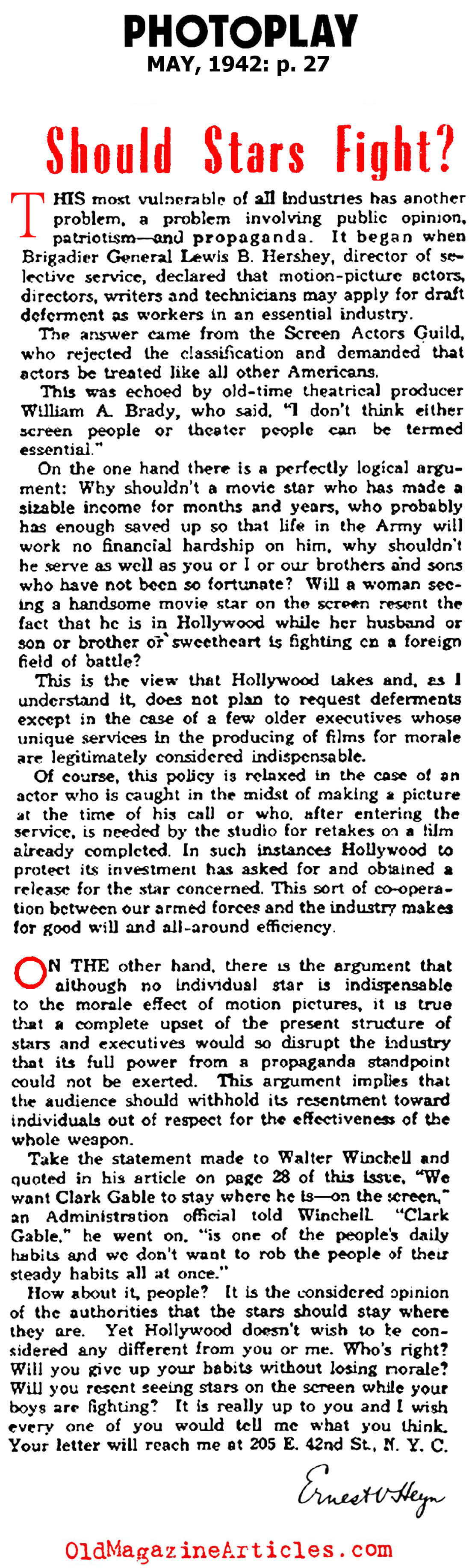 Should Movie Stars Be Expected to Fight, As Well? (Photoplay Magazine, 1942)