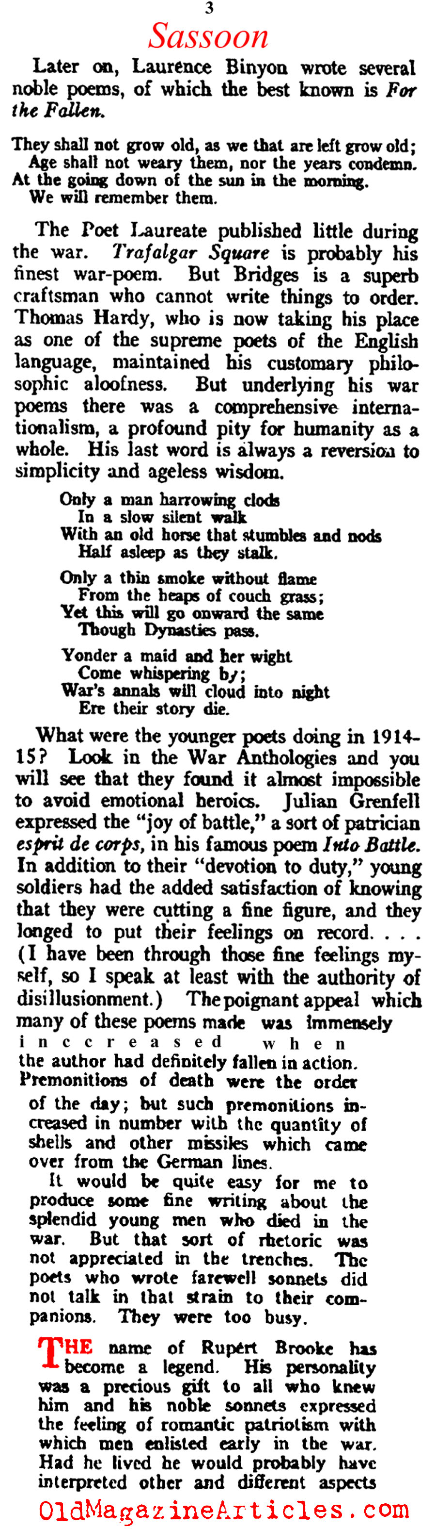 ''Some Aspects of War Poetry by Siegfried Sassoon (Vanity Fair Magazine, 1920)