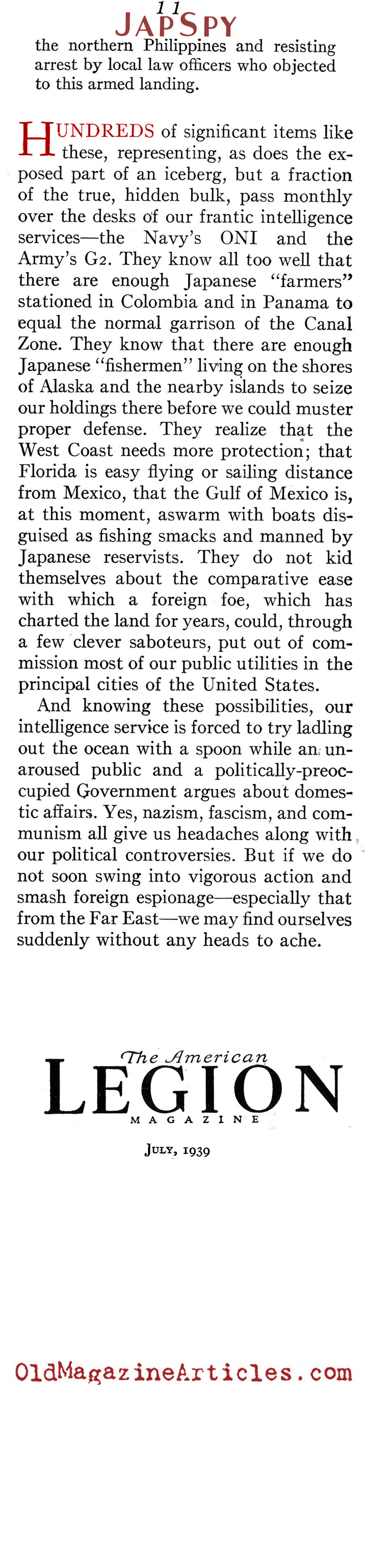 The Japanese Spy Problem (American Legion Magazine, 1939)