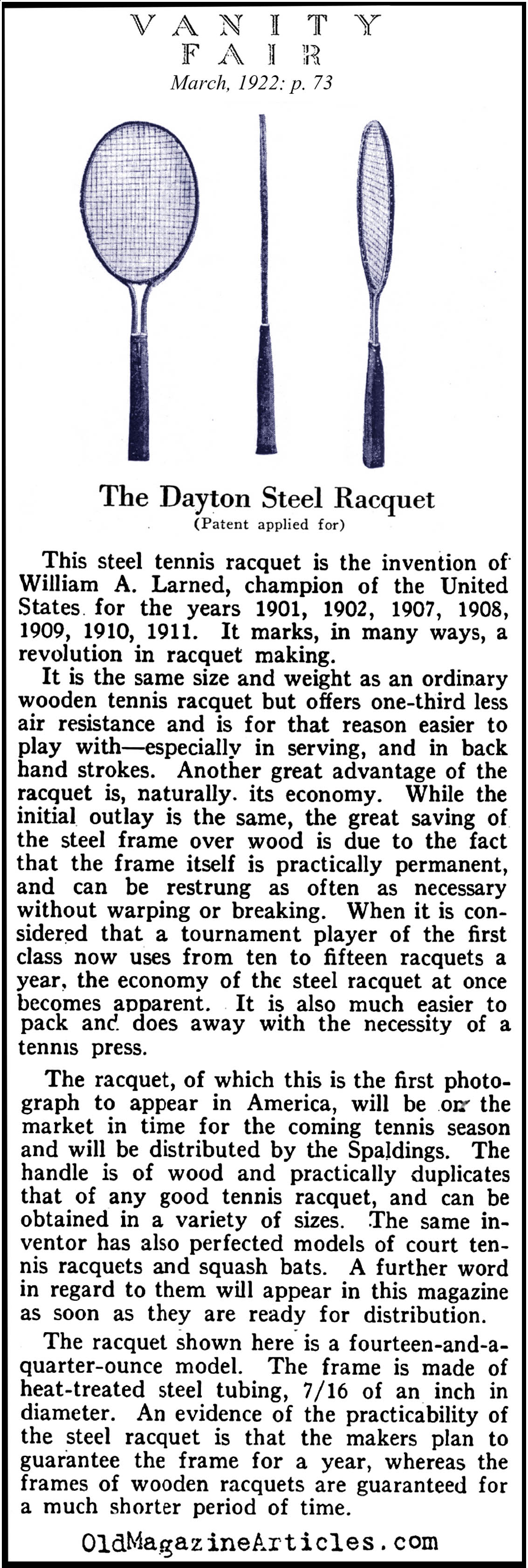 The Steel Tennis Racket Makes It's Appearance (Vanity Fair Magazine, 1922)
