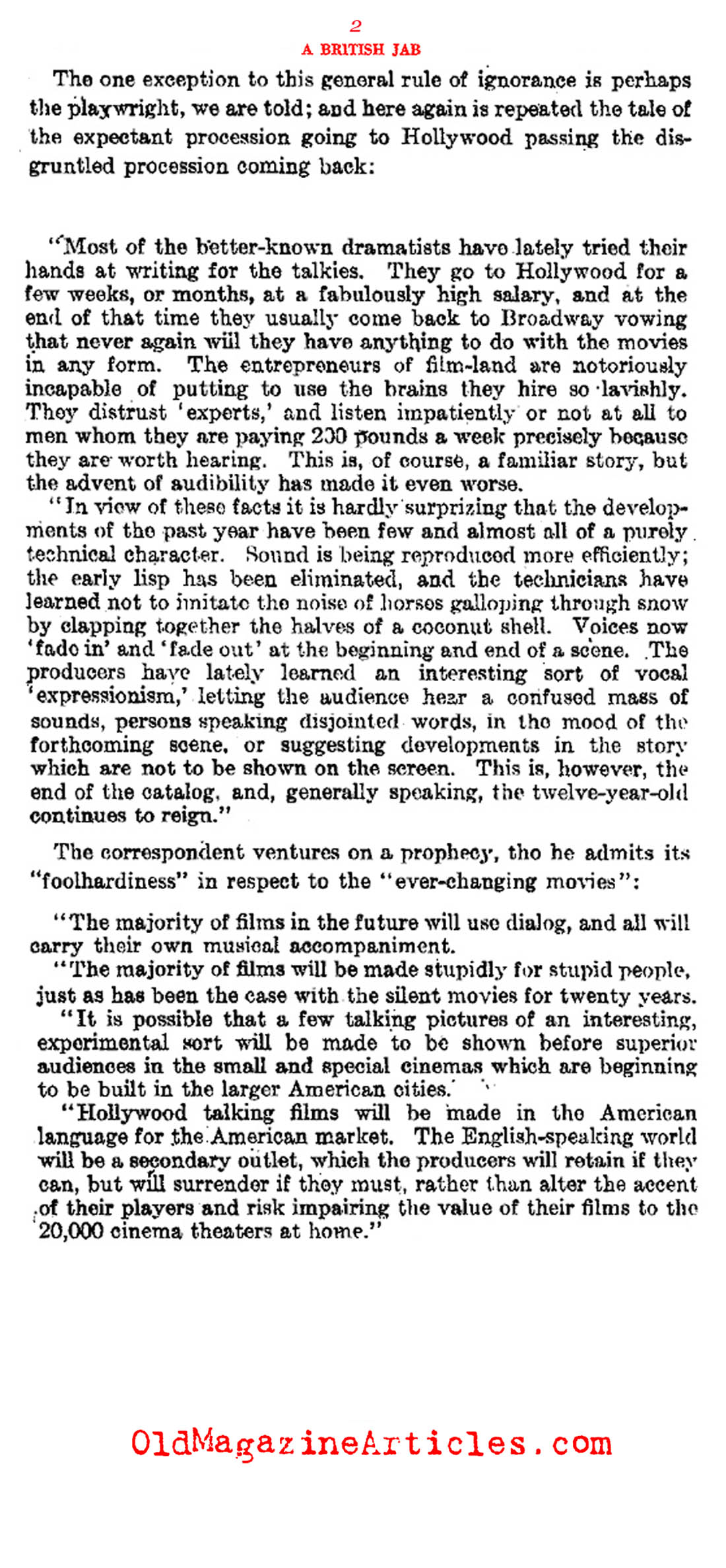 Some British Opinions About the First Talking Movies (Literary Digest, 1929)