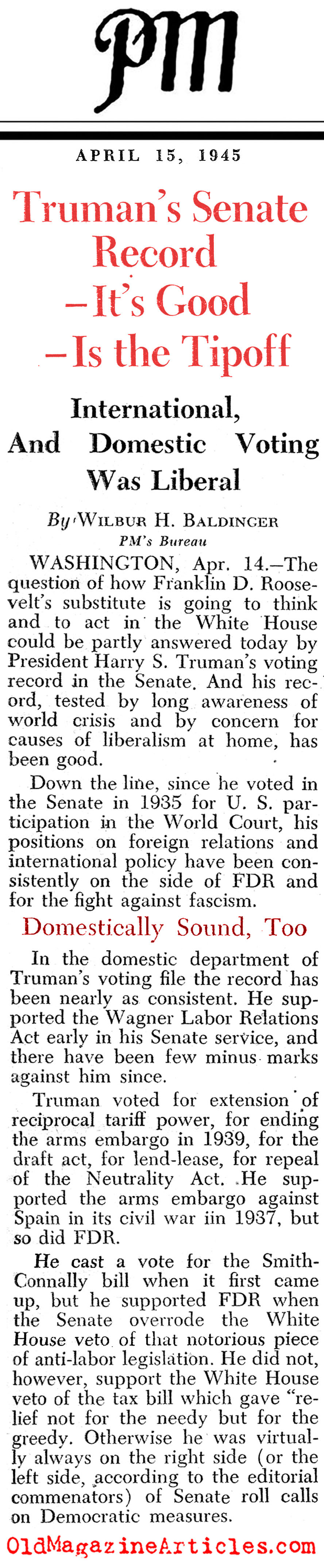 Truman's Record in the Senate (PM Tabloid, 1945)