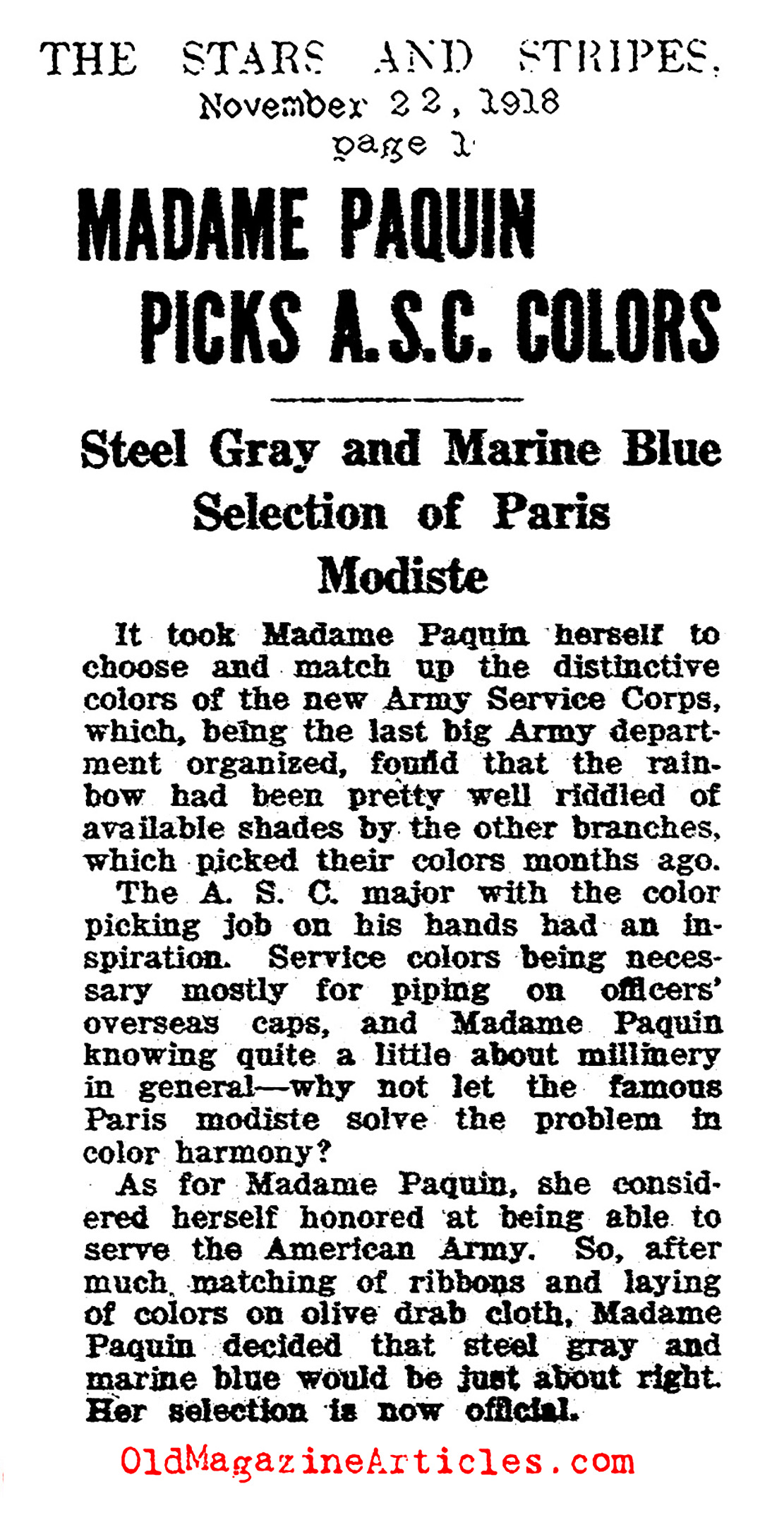 A Great Paris Couturier Lends Her Talent to American Uniforms (The Stars and Stripes, 1918)
