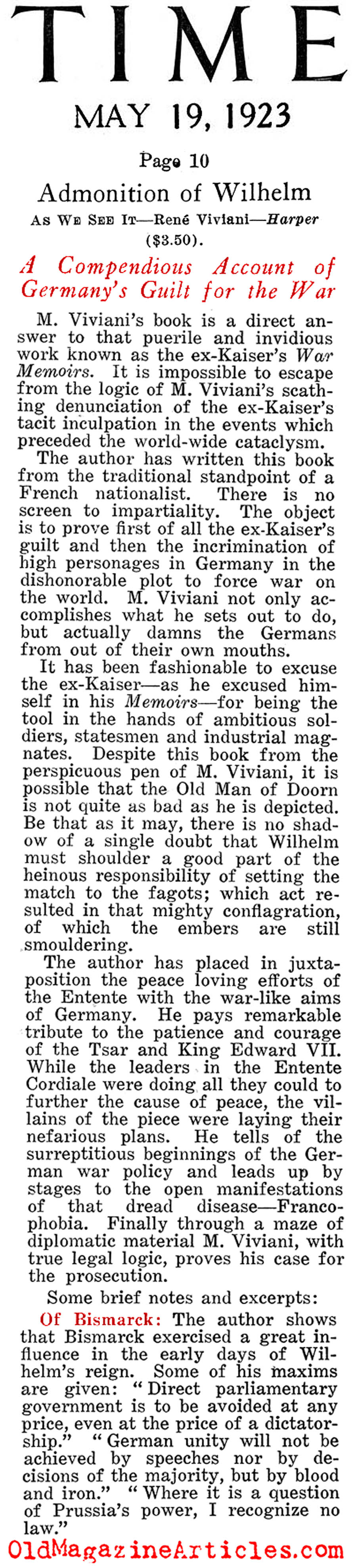 A French Response to the Kaiser Memoir (Time Magazine, 1923)