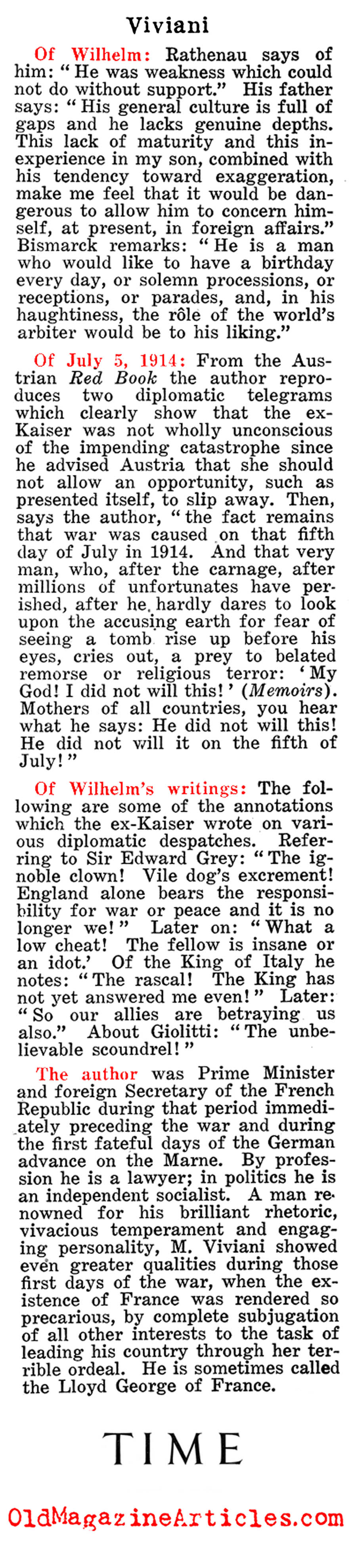 A French Response to the Kaiser Memoir (Time Magazine, 1923)