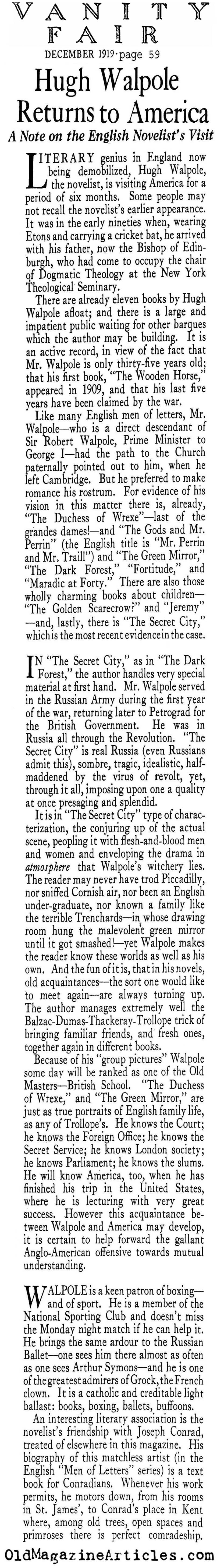 Hugh Walpole Returns to America (Vanity Fair, 1919) 