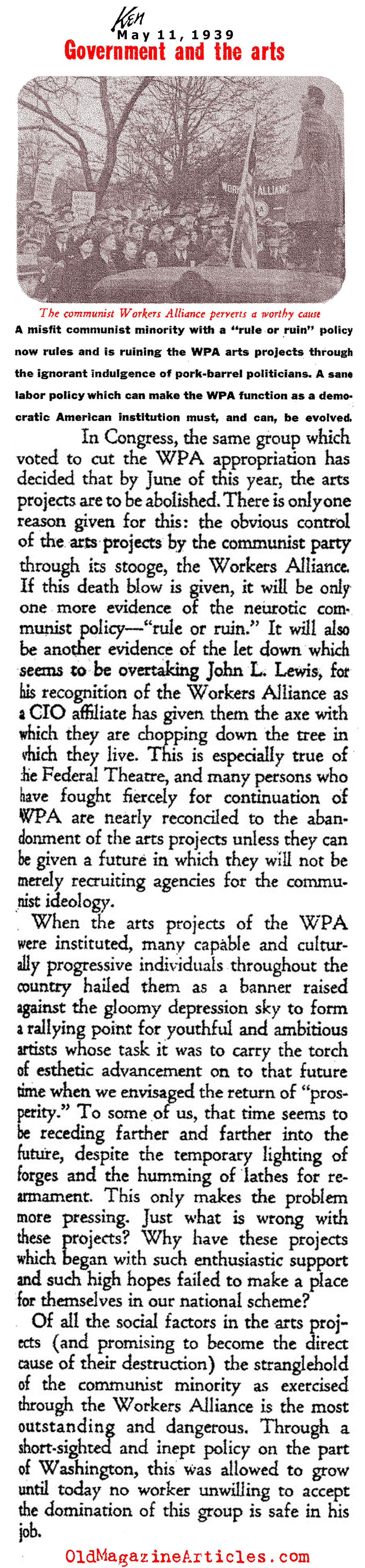 The W.P.A. Arts Projects Closed Due to Communist Tampering (Ken Magazine, 1939)