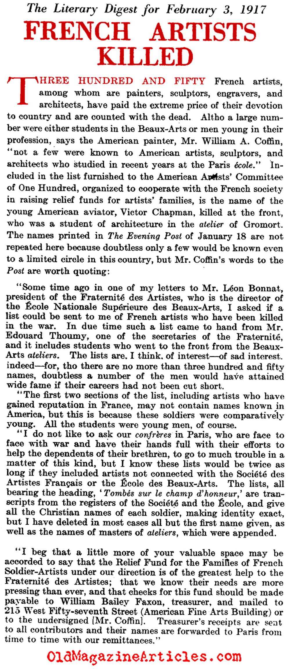 Butcher Bill Paid by the French Arts Community (Literary Digest, 1917)