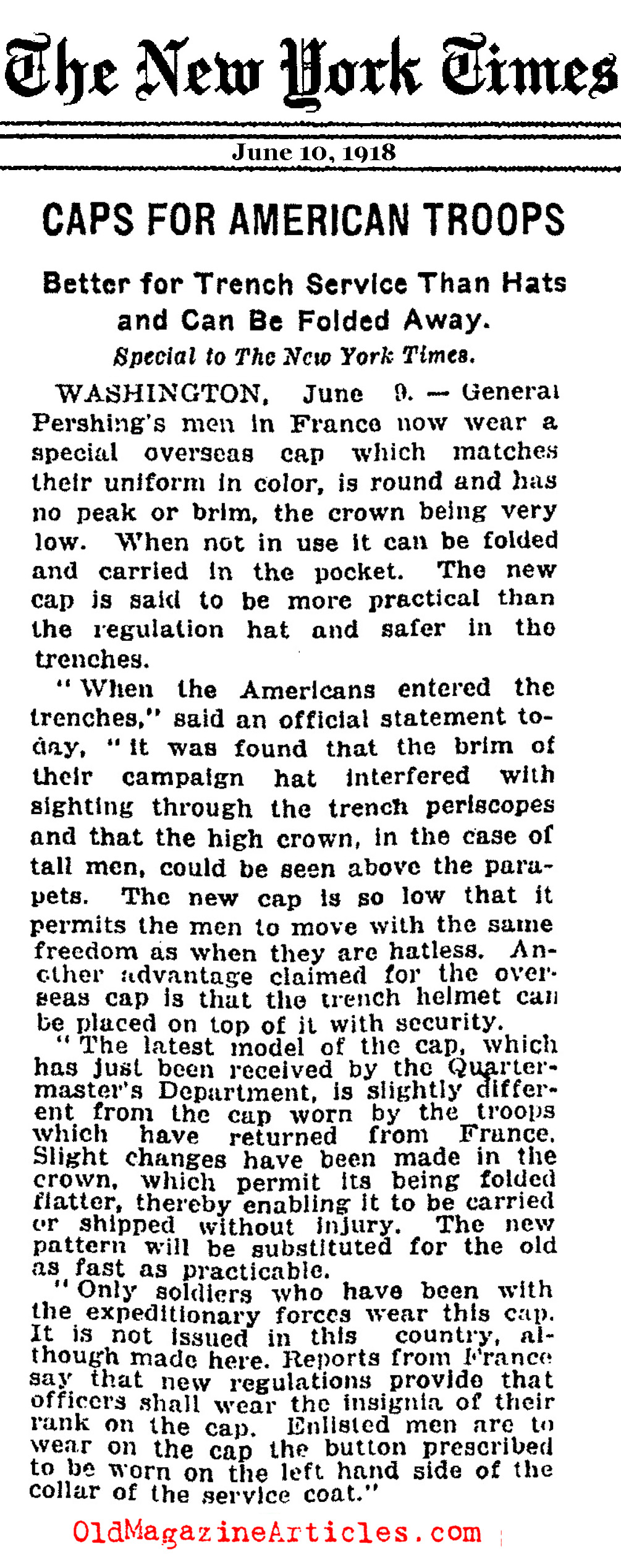 The Introduction of the U.S Army Overseas Cap (New York Times, 1918)