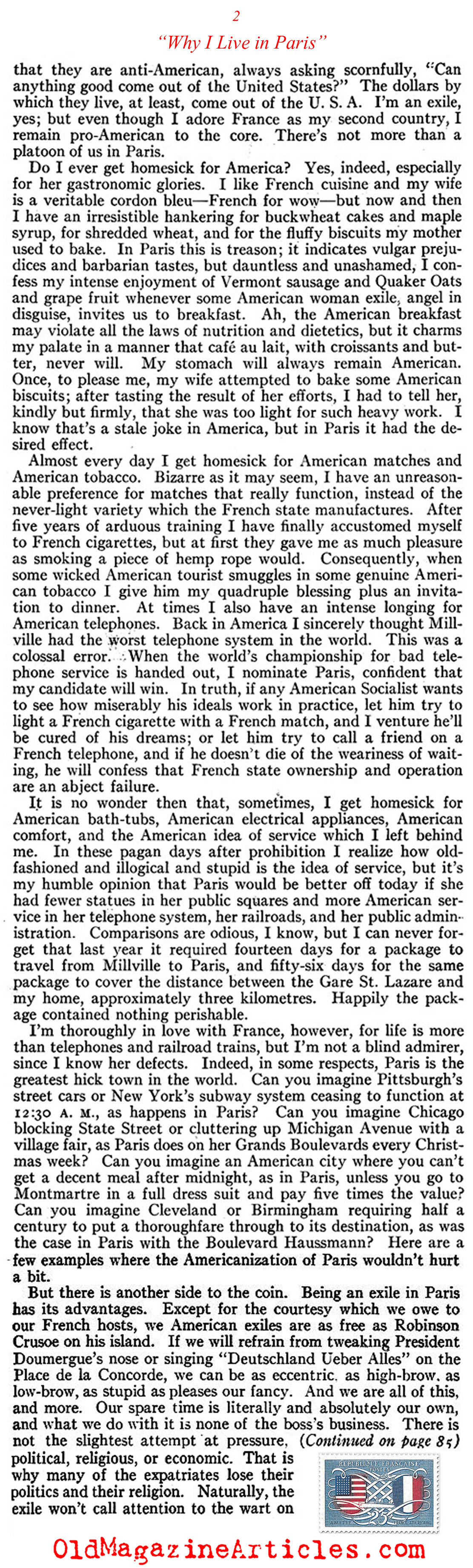 ''Why I Live in Paris'' by a Former American Soldier (American Legion Monthly, 1927)
