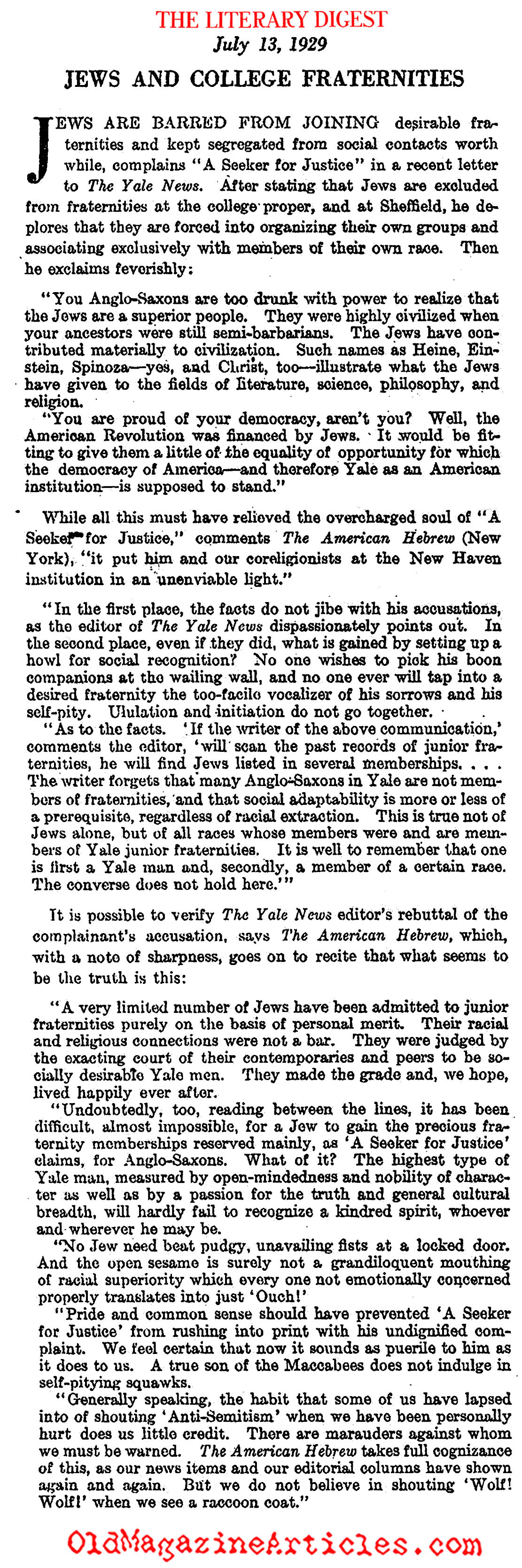 Jews Barred from Fraternities at Yale (Literary Digest, 1929)