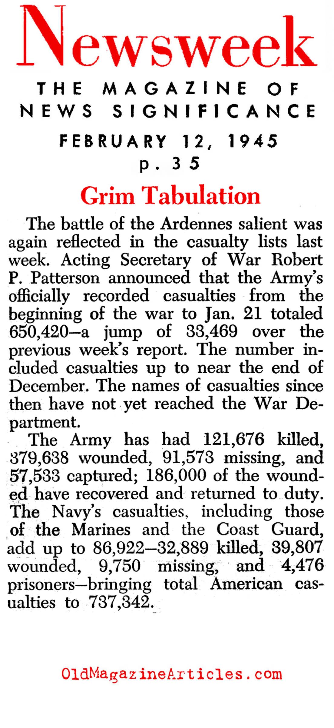 U.S. Army Casualties: 1941 - 1944 (United States News, 1944)