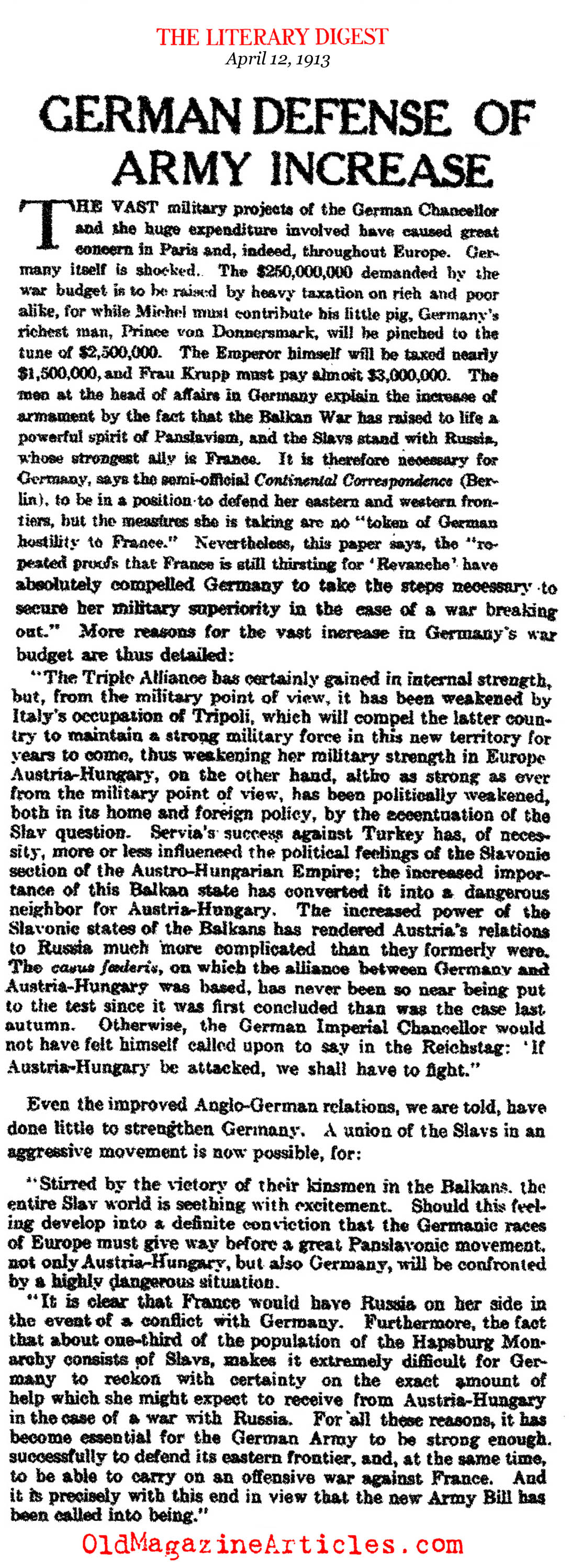 Germany Defends It's Military Build Up  (Literary Digest, 1913)