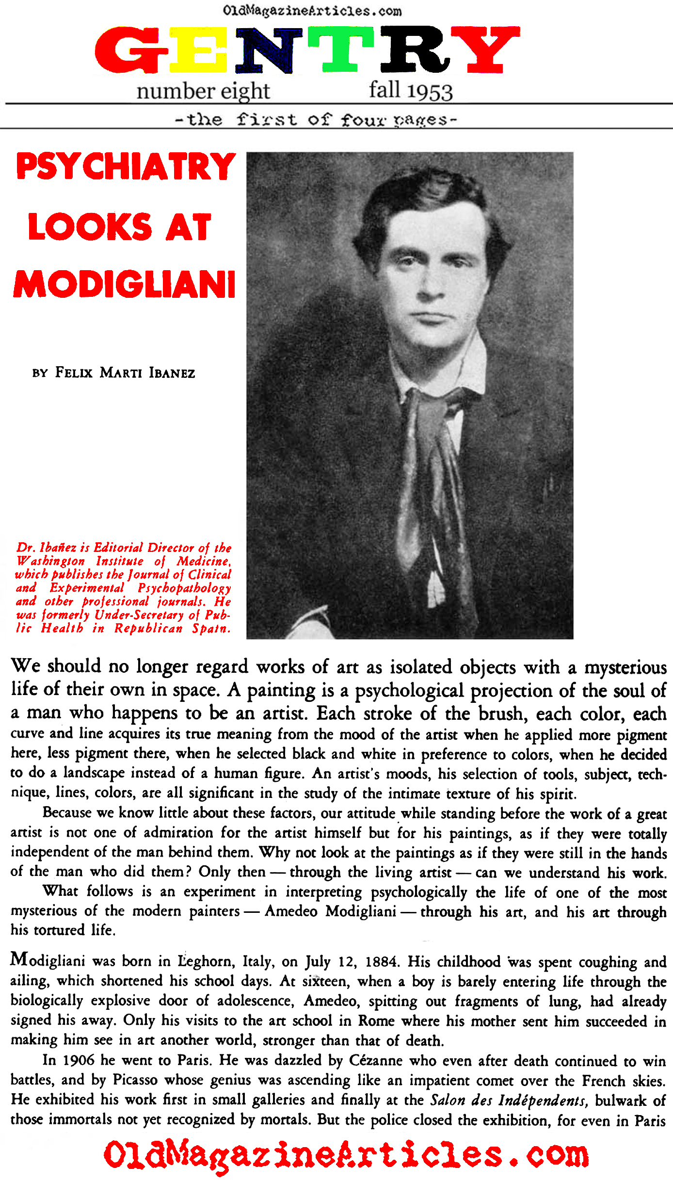 The Psycho-Sexual Struggle within Amedeo Modigliani (Gentry Magazine, 1953)