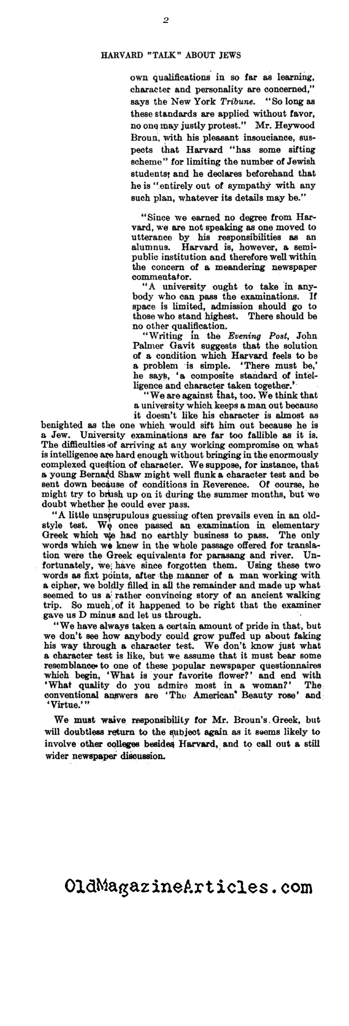 Harvard University and the Question of Jewish Enrollment
