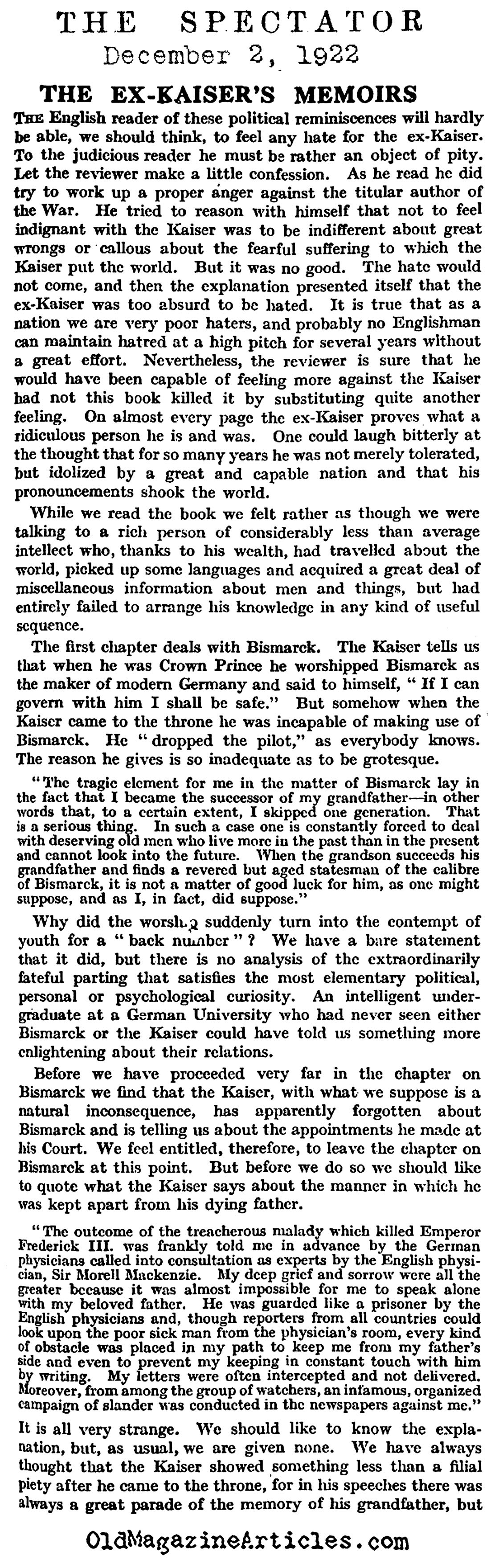 A Review of the Wartime Memoir of Kaiser Wilhelm