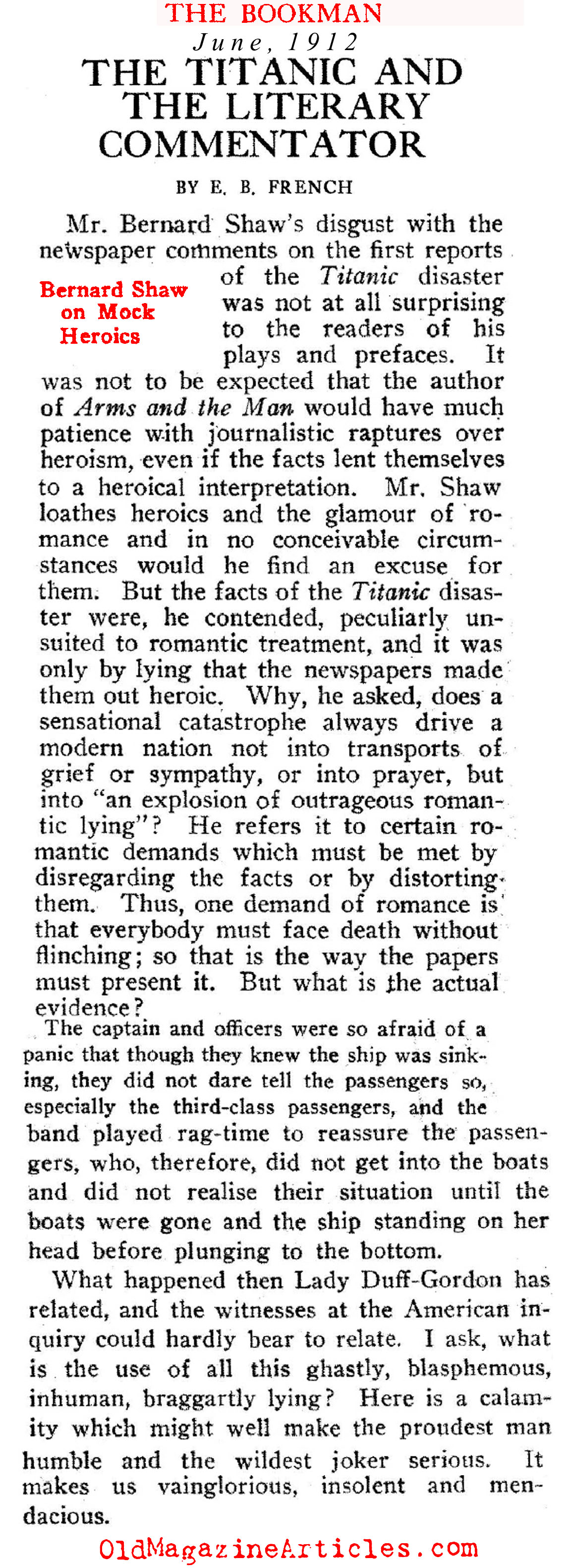 George Bernard Shaw's Remarks[BR] About the [BR][i]Titanic[/i] Disaster