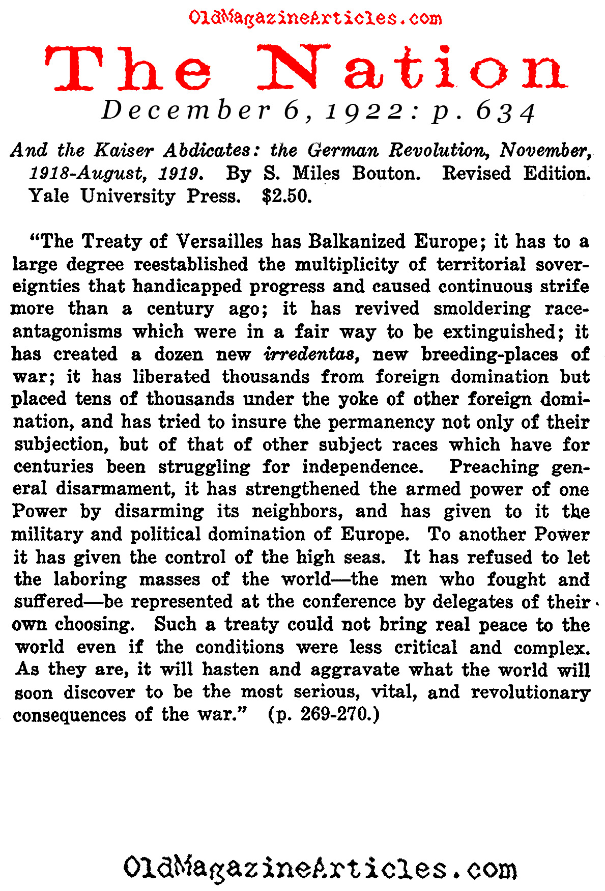 A German Editorial on the Treaty of Versailles