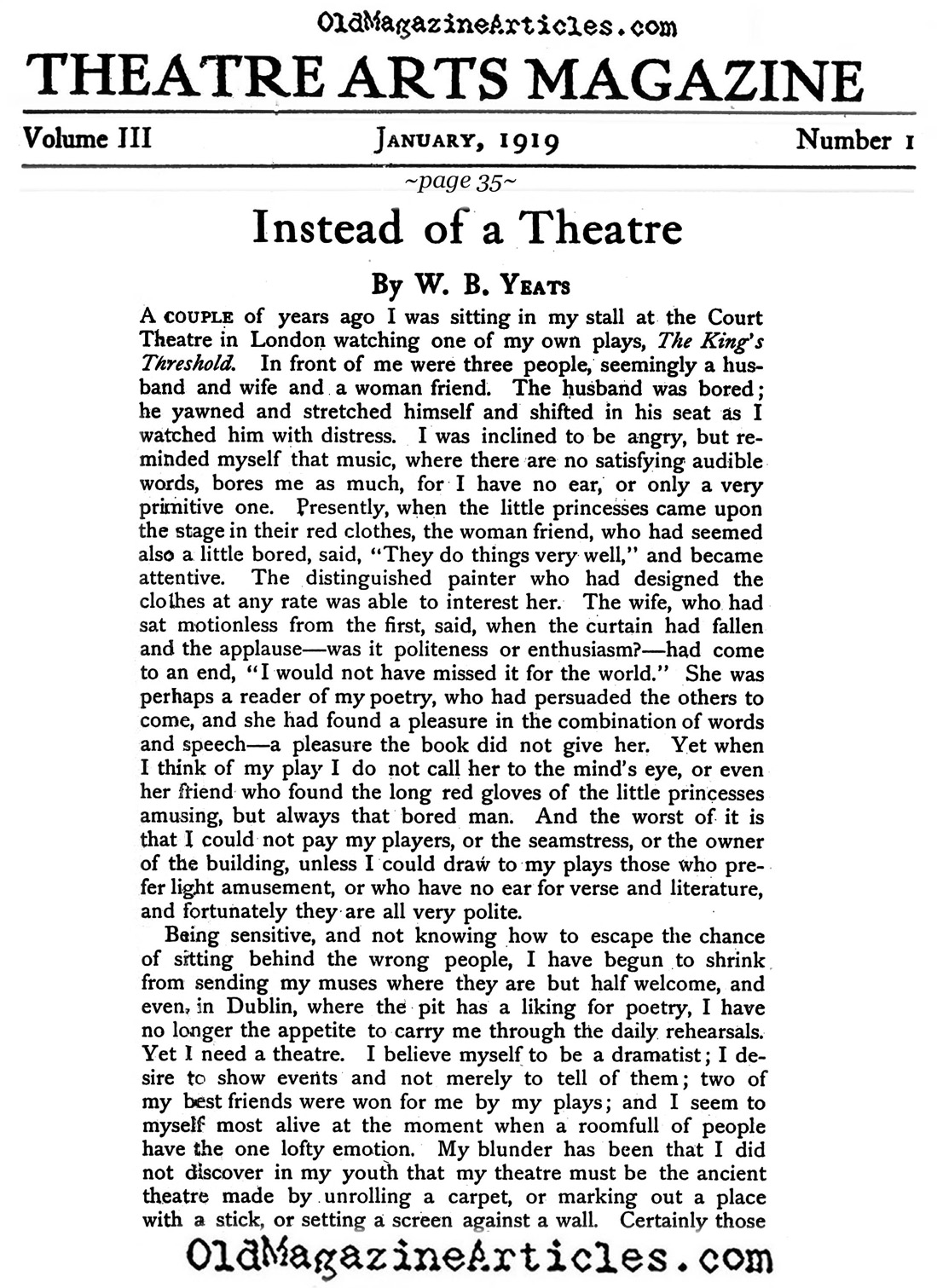W.B. Yeats Gripes About Theater Funding